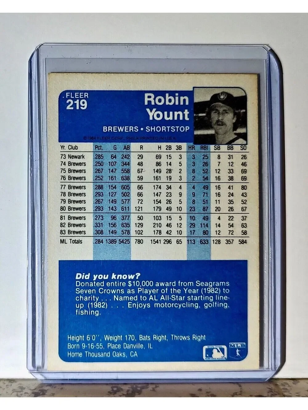 Robin Yount 1984 Fleer MLB #219 Baseball Card Milwaukee Brewers